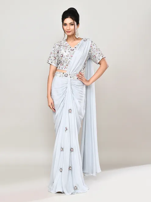 Grey chiffon georgette embellished indo western suit