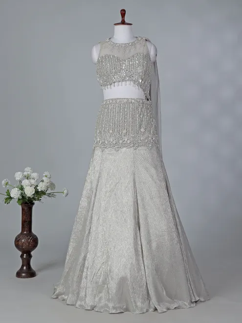 Grey chiffon silk boat neck designer lehenga choli