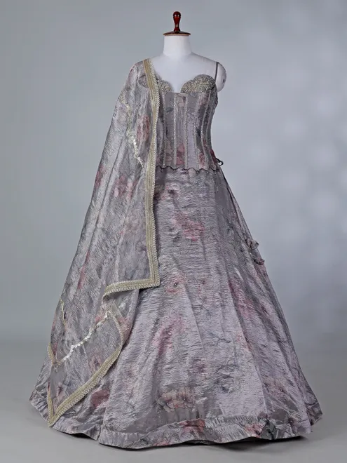 Grey chiffon sweetheart lehenga choli with dupatta