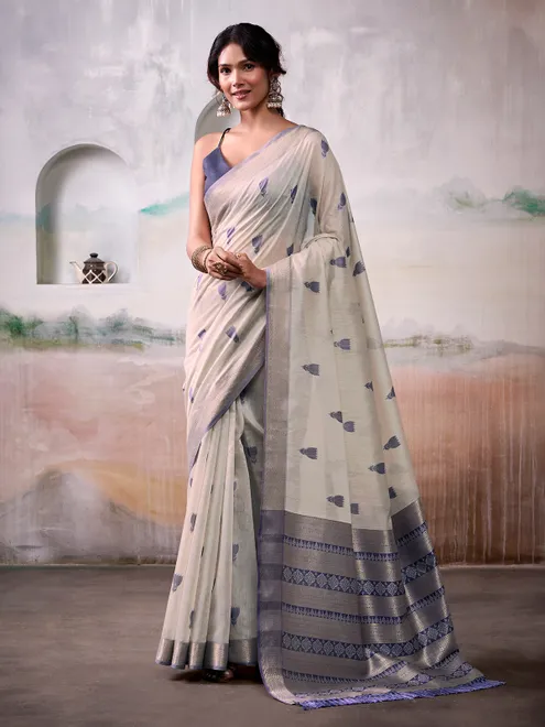 Grey cotton festive wear saree for women