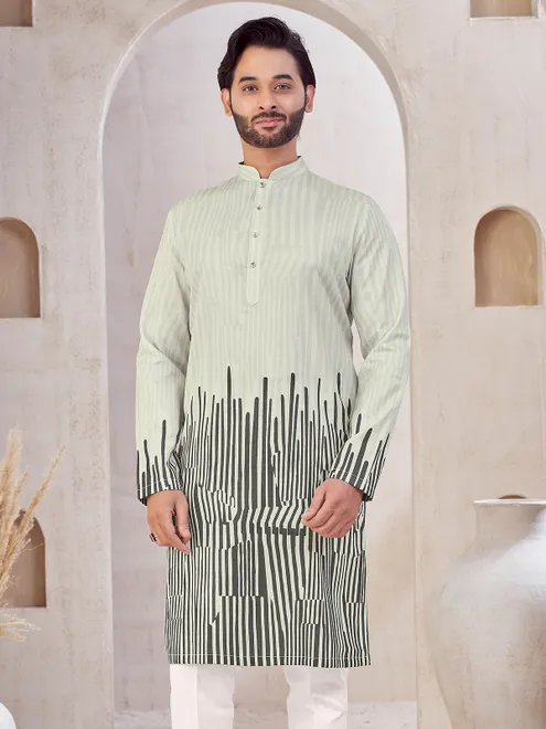 Grey cotton printed men kurta suit