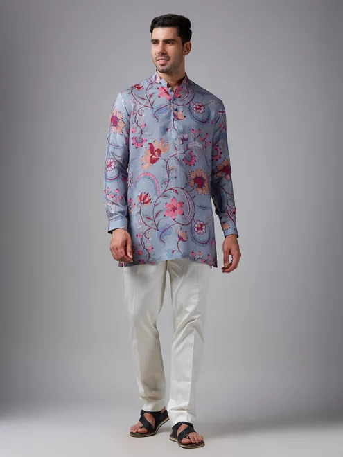 Grey cotton printed short men kurta pajama