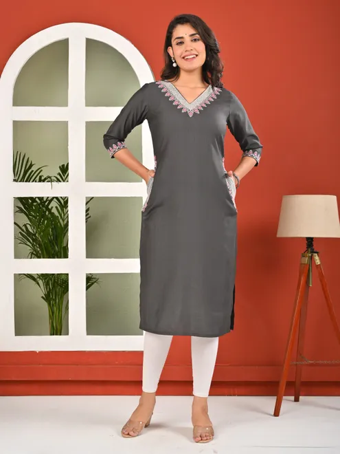 Grey cotton silk embroidered kurti with pockets