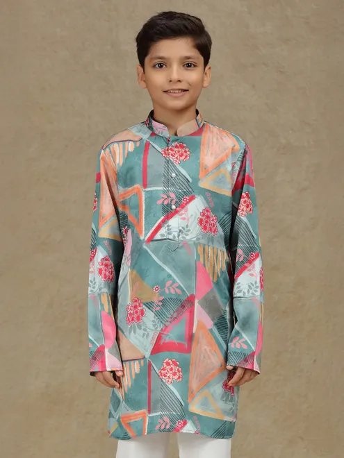 Grey cotton silk printed kurta set for boys