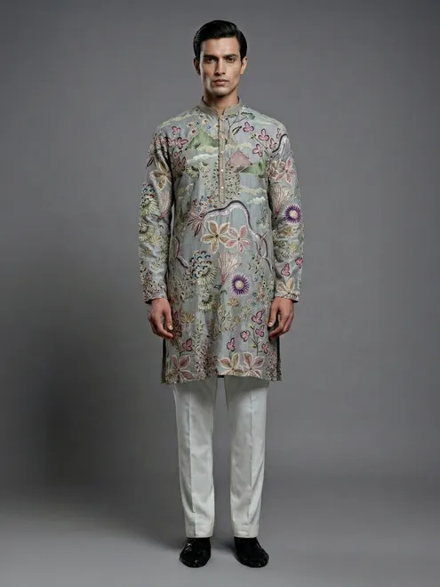Grey cotton silk printed kurta suit with resham and sequin work