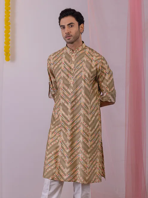 Grey cotton silk printed men kurta