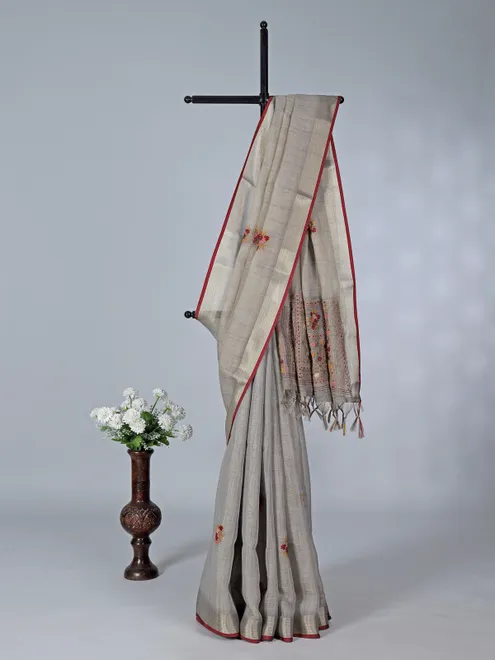 Grey cotton silk saree with thread and sequins work