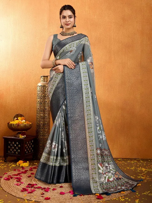 Grey crepe silk digital printed saree