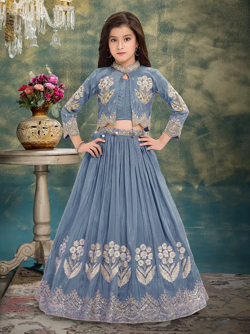 Grey crepe silk jacket style lehenga choli