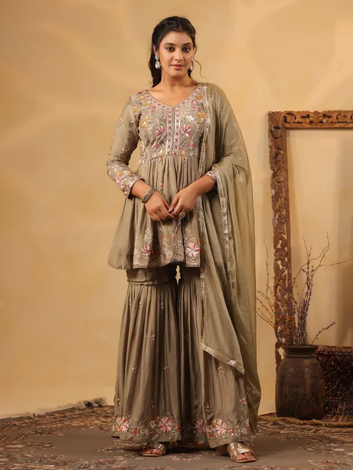 Grey crepe silk pakistani style sharara kurti set