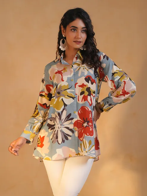 Grey crepe silk printed shirt for women casual wear