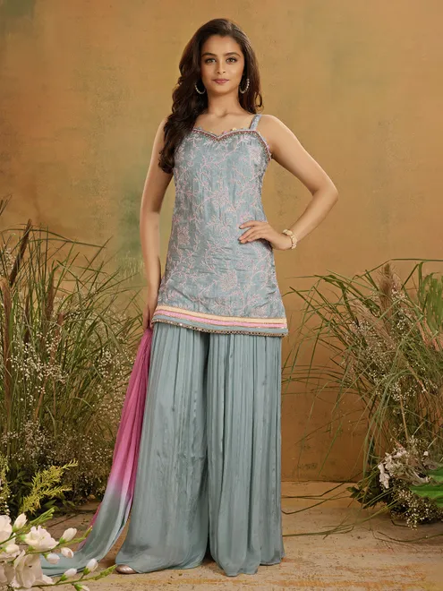 Grey crepe silk salwar suit with dupatta
