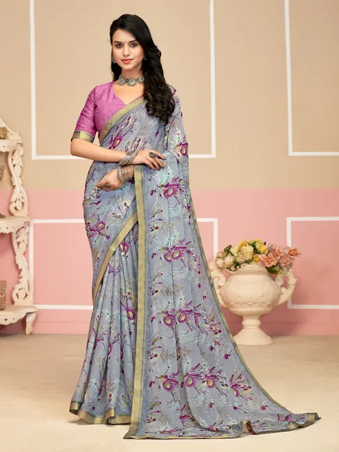 Grey digital printed zari lace saree