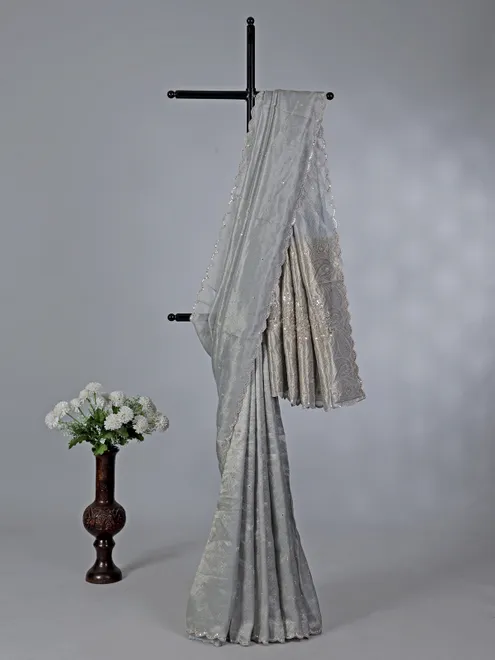 Grey elegant tissue silk wedding wear saree for women