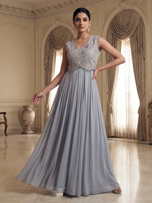 Grey embellished chiffon Anarkali suit
