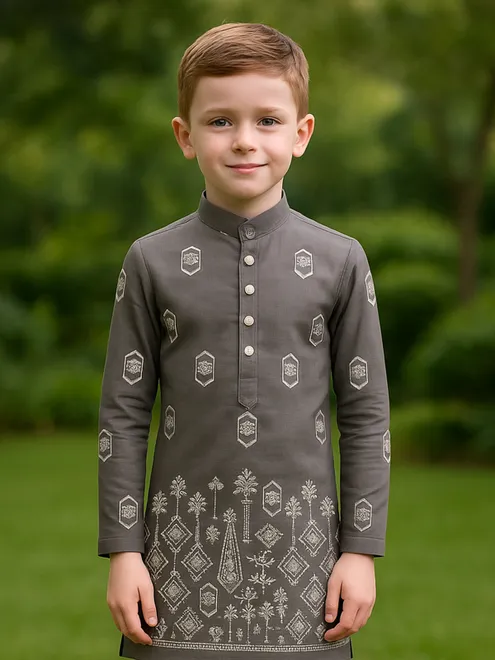 Grey embroidered cotton silk kurta suit for boys festive wear