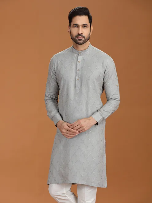 Grey embroidered linen festive kurta set