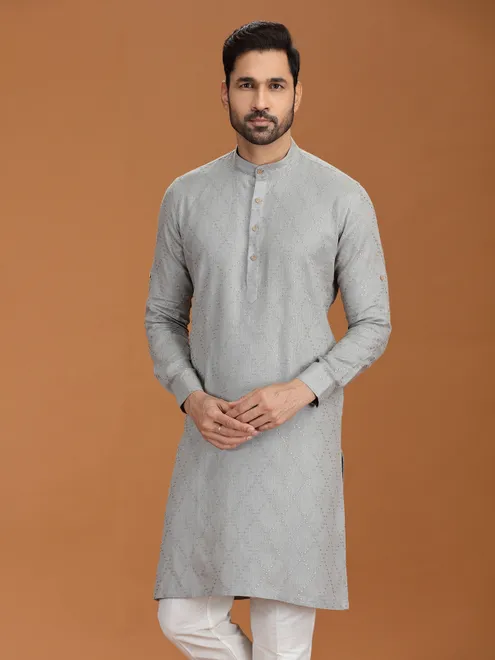 Grey embroidered linen kurta with mandarin collar