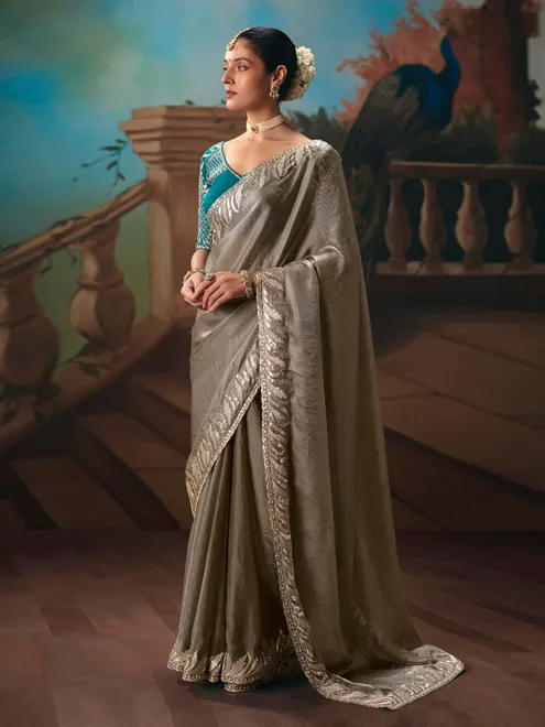 Grey fancy tissue silk festive saree