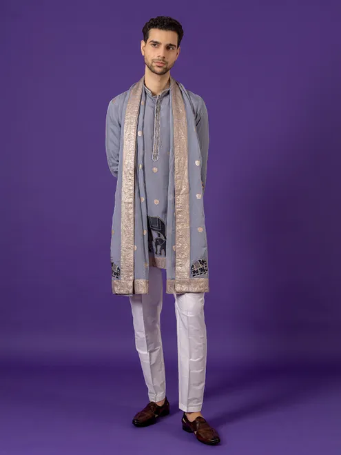 Grey festive wear cotton silk kurta suit