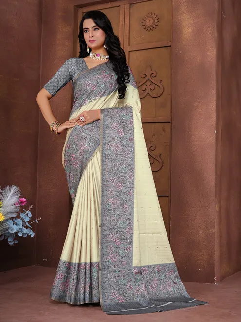 Grey floral printed zari soft silk saree