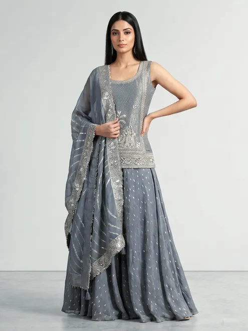 Grey georgette silk palazzo suit with motif detailing
