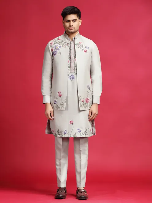 Grey hand printed waistcoat set with cutdana detailing