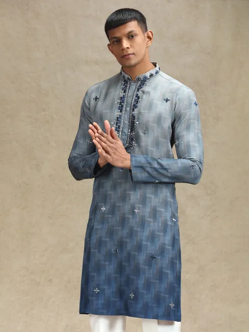 Grey kurta pajama in embroidery and mirror
