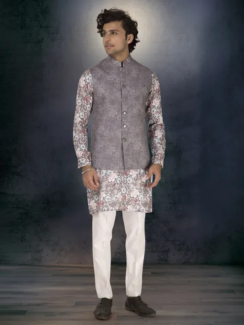 Grey linen cotton floral printed waistcoat set