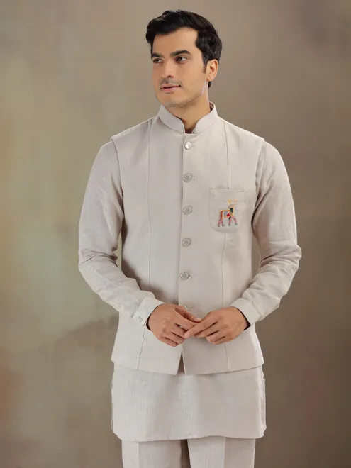 Grey linen men waistcaot set for wedding