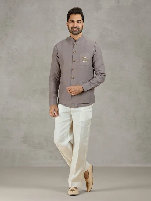 Grey linen waistcoat set with thread and zardosi work