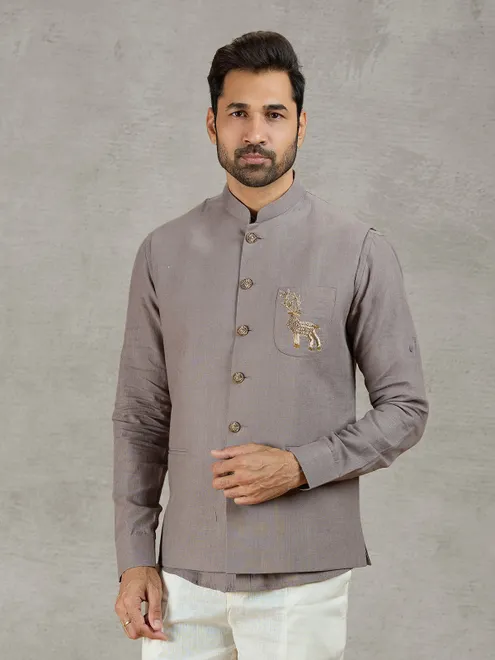 Grey linen waistcoat with shirt and zardosi embellished crest