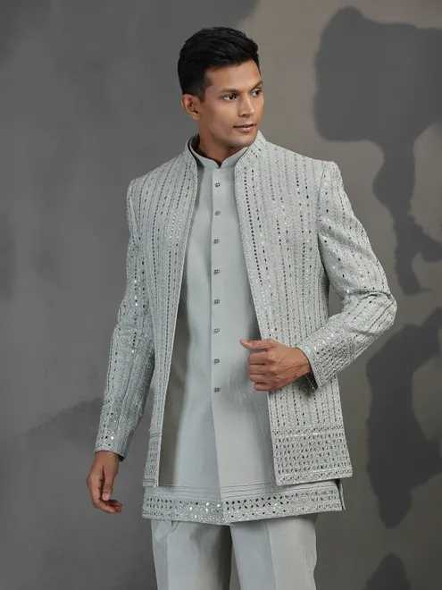 Grey mirror worked silk blend Indowestern set for reception