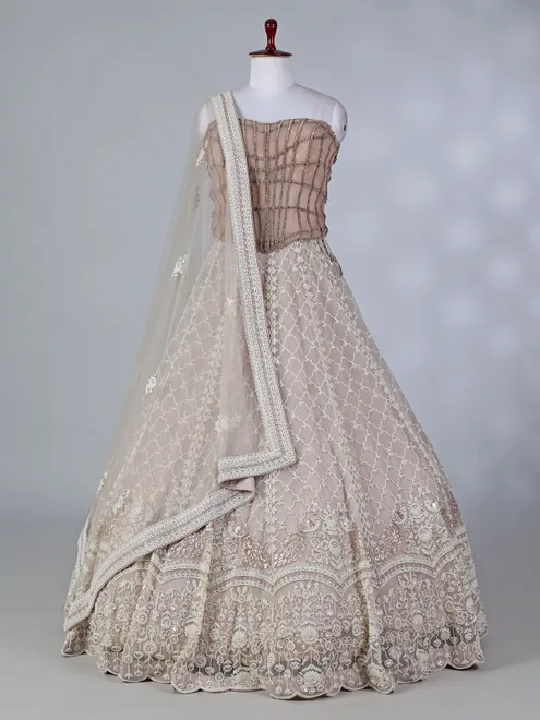Grey net sequin and cutdana lehenga choli for wedding wear