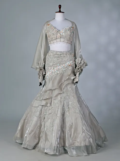 Grey organza designer lehenga choli for weddings