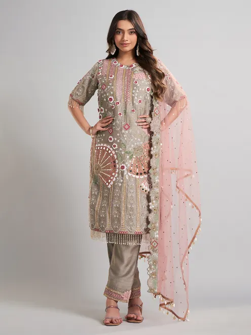 Grey pakistani silk salwar suit with dupatta