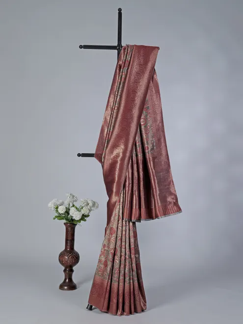 Grey pashmina silk saree with zari motifs design
