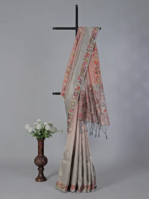Grey peach shaded organza cotton saree