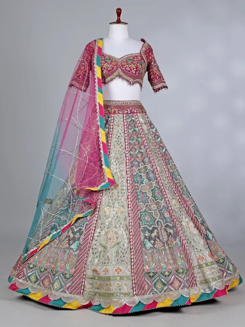Grey pink silk bridal lehenga choli with beads work
