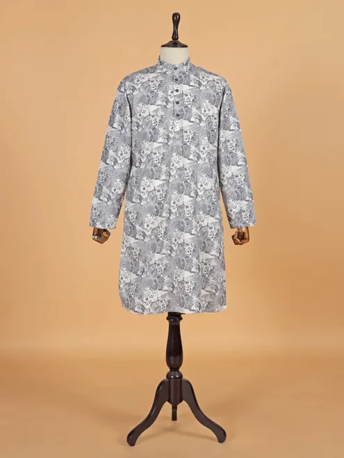 Grey plain cotton kurta set for men