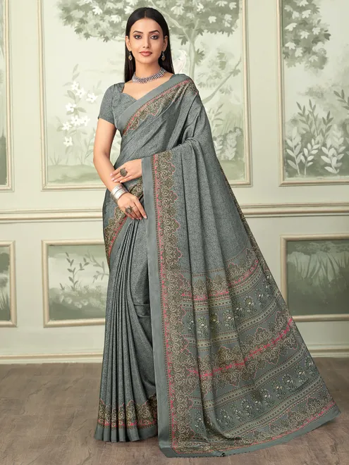 Grey printed casual wear crepe saree