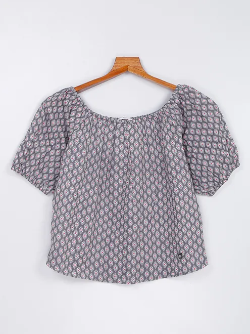 Grey printed cotton half sleeves top
