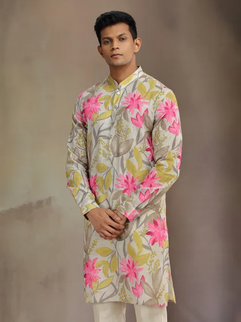 Grey printed cotton linen kurta suit for festive wear