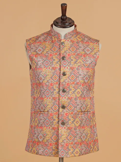 Grey printed cotton silk waistcoat for men