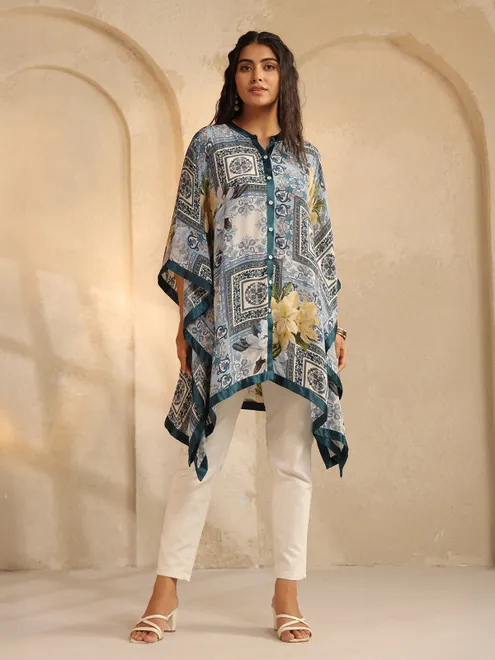 Grey printed crepe silk ponchos top for women