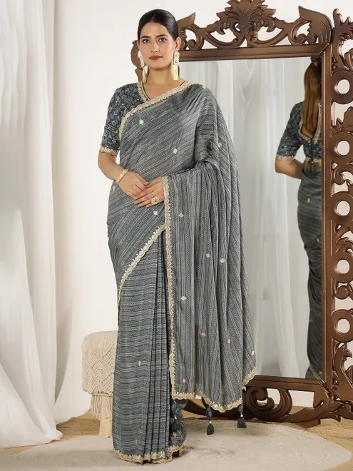 Grey printed festive style muslin saree