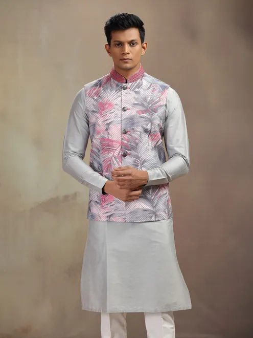 Grey printed grey waistcoat set in banarasi silk
