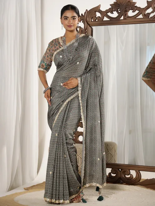 Grey printed muslin saree with ready made blouse