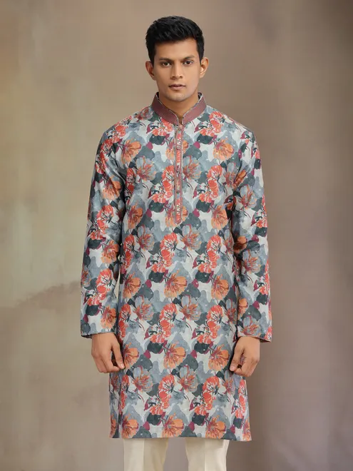 Grey printed jaquard silk festive wear kurta pajama
