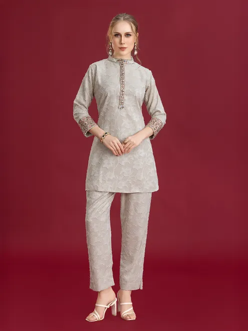 Grey printed silk pant co-ord set with embellishments